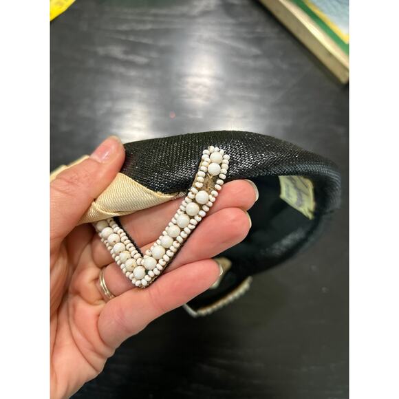 Black Cream  Fascinator- Cap- Evelyn Varon- beaded detail- one missing bead - Picture 3 of 6